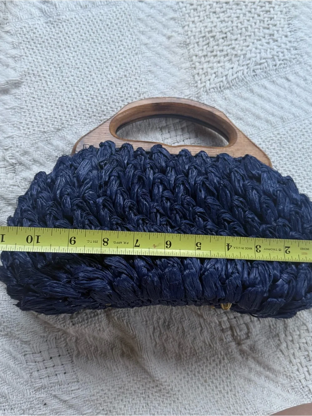Vintage Blue Raffia Straw Purse Basket Weave Wood Handle Made in Japan Bohemian